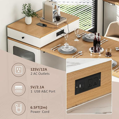 Kitchen Island with Extendable Table, Extendable Wood Kitchen Storage Cabinet with 2 Drawers and Open Shelves, Foldable Storage Table with Power Outlet, White