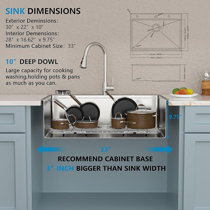 30"x22" Drop In Kitchen Sink Ledge Workstation – 16 Gauge 304 Stainless Steel Top Mount Overmount Single Bowl Sink Basin with Faucet Combo & Glass Rinser