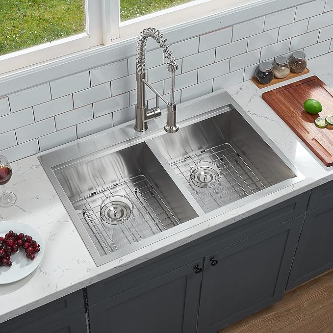 KINGO HOME 50/50 Double Bowl Kitchen Sink, 33x22 Inch Drop In Kitchen Sink, 33 Inch Ledge Workstation 16 Gauge Stainless Steel Topmount Double Basin with Cutting Board