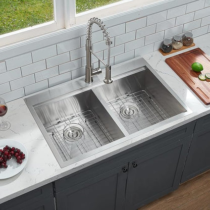 KINGO HOME 50/50 Double Bowl Kitchen Sink, 33x22 Inch Drop In Kitchen Sink, 33 Inch Ledge Workstation 16 Gauge Stainless Steel Topmount Double Basin with Cutting Board