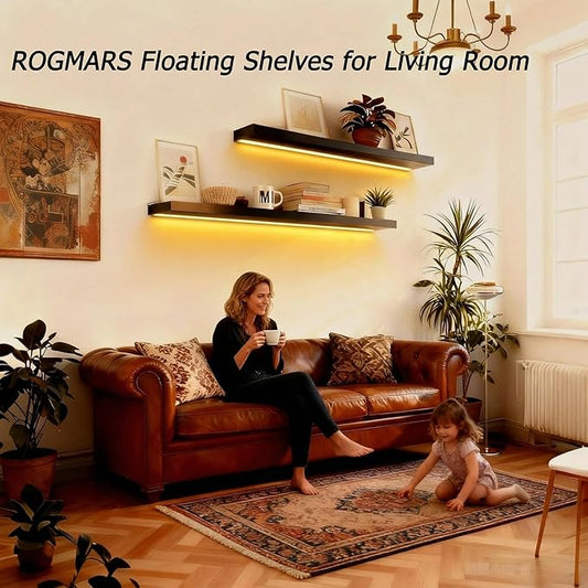 ROGMARS Black Floating Shelves for Wall with Led Light 36 Inches Long,Rustic Solid Wood Farmhouse Wall Shelves with Invisible Brackets for Bedroom, Living Room, Kitchen, Bathroom Set of 2