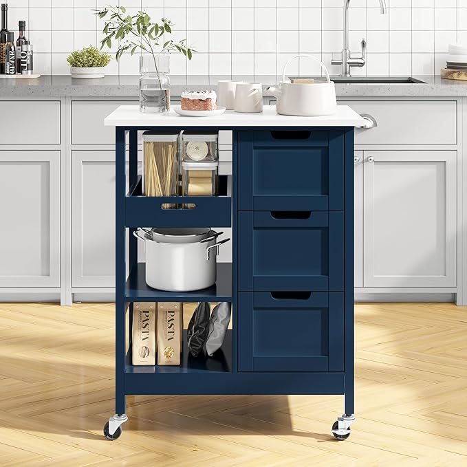 DWVO Solid Wood Top Rolling Kitchen Island Cart, 3 Tier Mobile Kitchen Storage Island Cart with 3 Drawers and 3 Opening Storage Shelves for Kitchen & Dining Area, Navy Blue