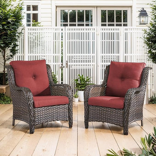 Belord High Back Patio Chairs Set of 2 - Brown Wicker Outdoor Seating, 4" Wide Armrests Rattan Outdoor Club Chairs with Red Removable Cushion for Deck Porch Backyard