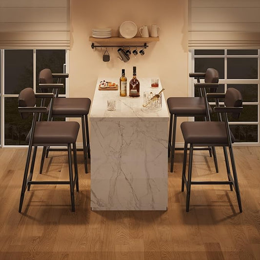 GarveeHome Bar Stools Set of 8 with Arms, 26" Modern 8pcs Counter Height Metal Barstools Set with Back & Footrest, Upholstered Wider Seat, Sturdy Frame, for Counter Bar, Kitchen Island, Retro Brown