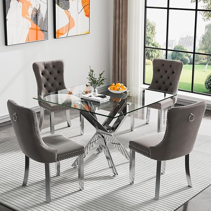 Square Glass Dining Table,Glass Dining Room Table with Metal Legs, Modern Kitchen Table for Home, Kitchen, Dining Room