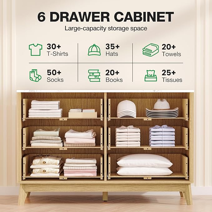 Pamapic 47" Sideboard Buffet Cabinet with Storage, Fluted Storage Cabinet with 6 Drawers, Modern Credenza with Faux Marble Top, Wood Buffet Console Table for Living Room, Hallway, Natural