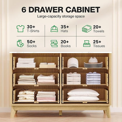 Pamapic 47" Sideboard Buffet Cabinet with Storage, Fluted Storage Cabinet with 6 Drawers, Modern Credenza with Faux Marble Top, Wood Buffet Console Table for Living Room, Hallway, Natural