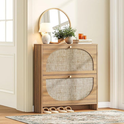 Nicetree Freestanding Ultra Slim Arched Rattan Accent Shoe Storage Cabinet for Entryway - 2 Flip Drawers & 3-Tier Adjustable Shelves, Farmhouse Modern Rustic Shoe Rack for Hallway Foyer,Brown