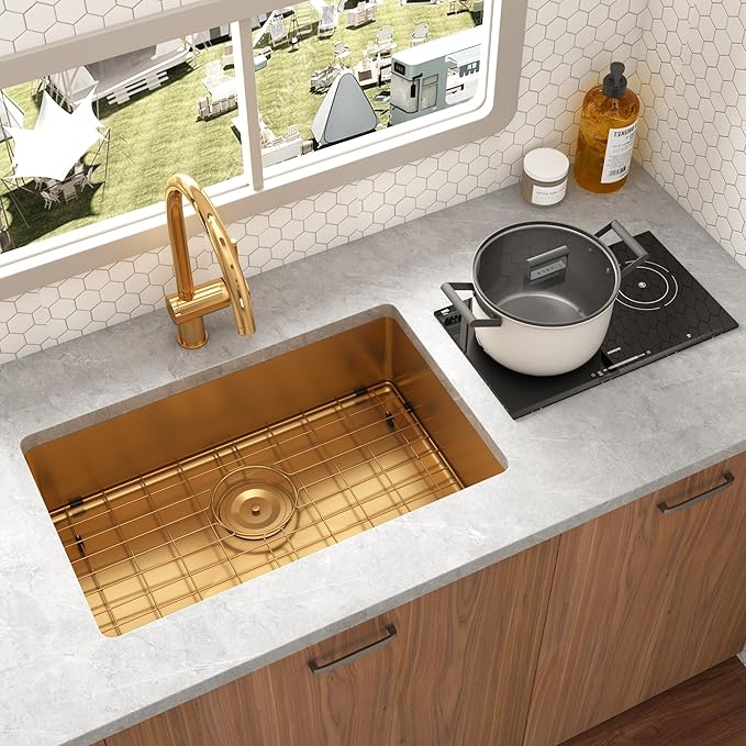 Kitsitchen Gold Ktichen Sink,Gold Undermount RV Kitchen Sink with Strainer & Bottom Gird, 27" x 16" x 7" Stainless Steel Single Bowl Kitchen Sinks Used at RV, Outdoor,Bathroom