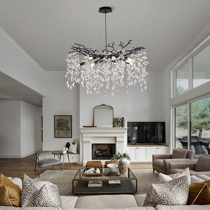 Crystal Tree Branches Chandeliers Luxury Round Hanging Pendant Light 10 Lights for Dining Room Bedroom Living Room Entryway 30.5" Black