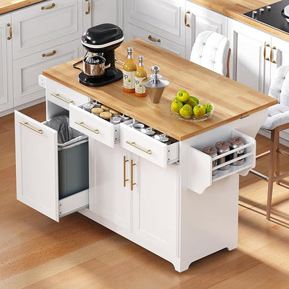 Merax 59.3" White Kitchen Island with Storage, 2 Pull Out Cabinet Organizers & Rubber Wood Drop Leaf, Rolling Island Table with Trash Can Storage, Power Outlet, Spice & Towel Rack for Kitchen Dining