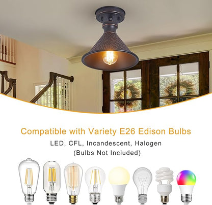 Tarentlight 9.2" Industrial Semi Flush Mount Ceiling Light,Vintage Hammered Pattern Cast Aluminum Shade,1-Light E26 Classic Lamp,Oil Rubbed Bronze Farmhouse Lighting for Hallway Kitchen Entryway.