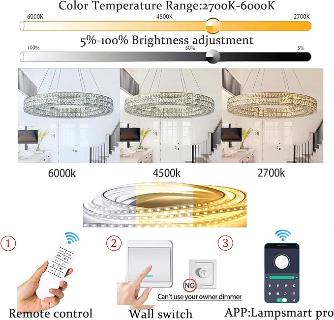 Led 24" Gold Ring Crystal Chandelier, Modern Dimmable Chandeliers Lighting and Hanging Adjustable, LED Round Ceiling Light Fixtures for Dining Room Living Room