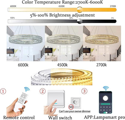 Led Ring Crystal Chandelier for Living Room, Modern Dimmable Chandeliers Lighting and Hanging Adjustable, LED Round Ceiling Chandelier for Dining Room (40inch,Gold)