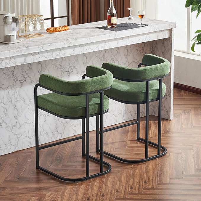 Modern Chenille Bar Stools Set of 2, Upholstered Counter Height Chairs with Metal e Armrests, Soft Chenille Fabric Bar Chairs for Kitchen Island, Dining Room, Home Bar,Green