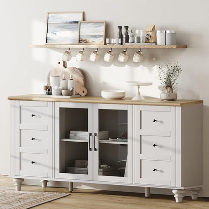 WAMPAT Sideboard Buffet Cabinets with Glass Door, Kitchen Storage Cabinets, Wood Coffee Bar Tables, Accent Sideboard Storage Cabinet Table Dining Room, Living Room, Off White