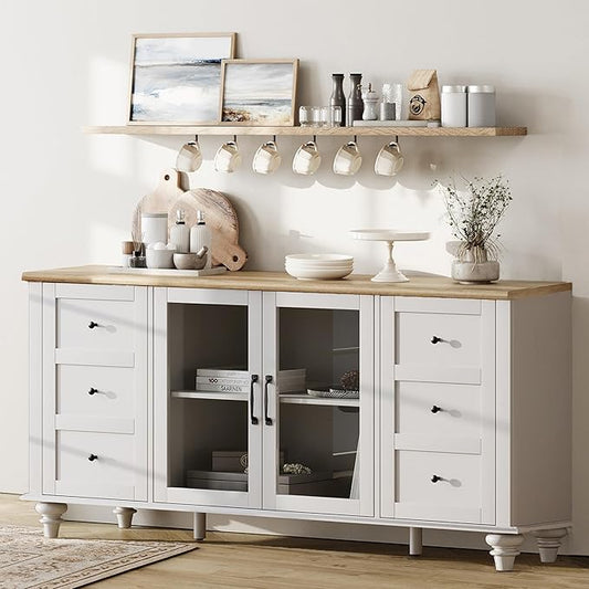 WAMPAT Sideboard Buffet Cabinets with Glass Door, Kitchen Storage Cabinets, Wood Coffee Bar Tables, Accent Sideboard Storage Cabinet Table Dining Room, Living Room, Off White