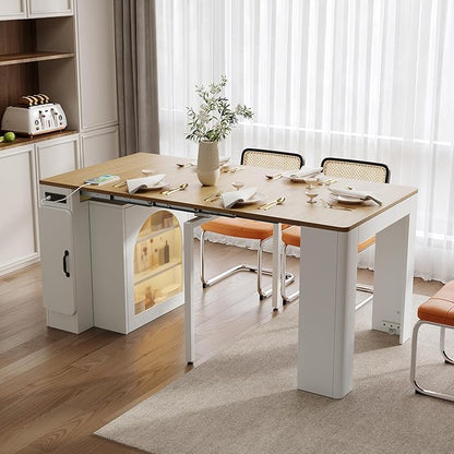 Merax 59" Rolling Kitchen Island with Extendable Table, Storage Cabinet and Power Outlet, Mobile Kitchen Islands Cart on Wheels for Small Space Dining Living Room, White