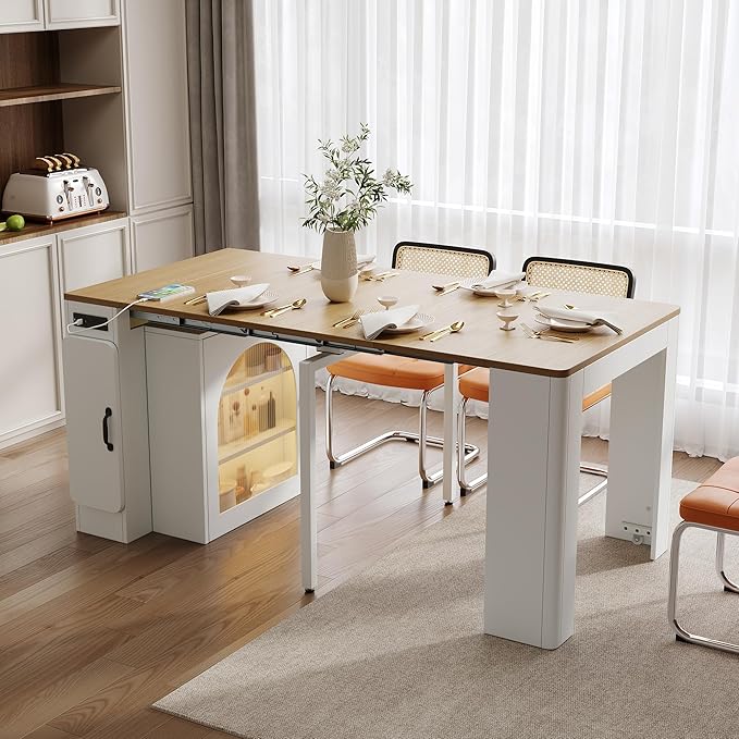 15.6"-59" Extendable Dining Room Table for 6 with 3 Removable Middle Leaves, Mobile Rolling Island Table with Power Outlet & LED Storage Cabinet for Dining Room, Cream White and Natural