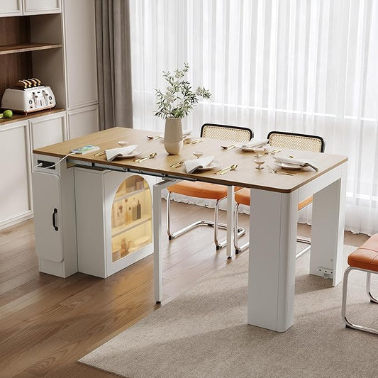 Extendable Dining Table with 3 Removable Middle Leaves, Mobile Rolling Island Table with Power Outlet with Storage for Dining Room and Living Room (Cream White+Natural)