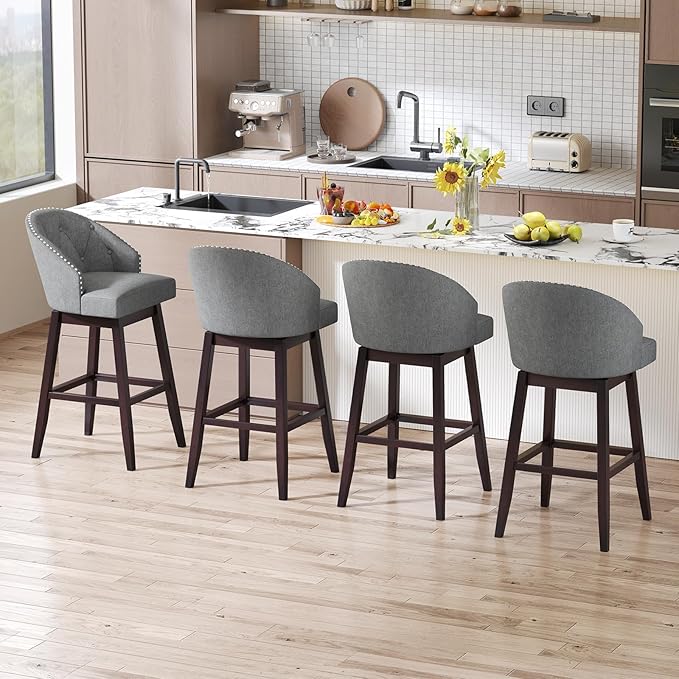 Giantex Modern Upholstered Bar Stools Set of 2, 31" Bar Height Swivel Kitchen Stools w/Button-Tufted Back, Rubber Wood Frame, Rivet Decoration, Linen Fabric Barstools for Counter Island, Cafe, Grey