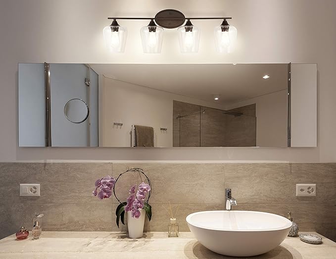 JONATHAN Y 32" Oil Rubbed Bronze 4-Light Farmhouse Rustic LED Vanity Light Sconce, Clear Glass Shade, Vintage Indoor Fixture for Bathroom Mirror, LED Bulb Included (JYL7548A)