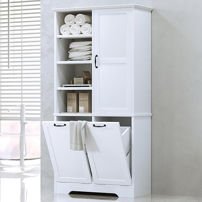 68" Tall Bathroom Storage Cabinet with One Door and Two Laundry Hampers for Home Display Organizer, Adjustable Shelf, White