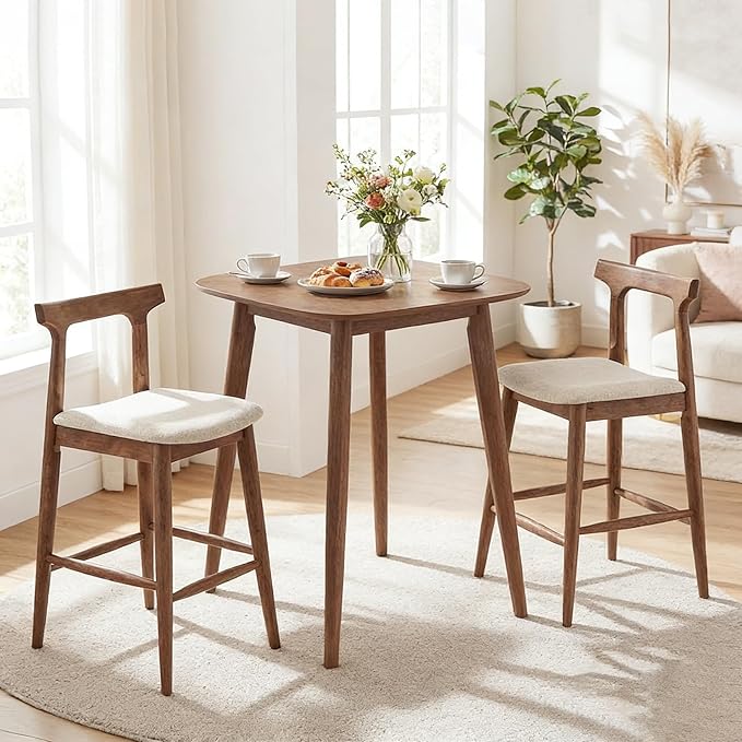COSTWAY 3-Piece Solid Rubberwood Counter Height Farmhouse Dining Set – 36" Pedestal Table with Rounded Edges & 2 Upholstered 24" Bar Stools with Backrest and Footrest, Walnut Finish