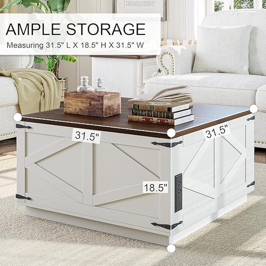 Jocoevol Farmhouse Lift Top Coffee Table, Square Wood Center Table with LED Lighting, USB-C Charging Station, and Hidden Storage Compartment - Rustic White & Oak Living Room Furniture