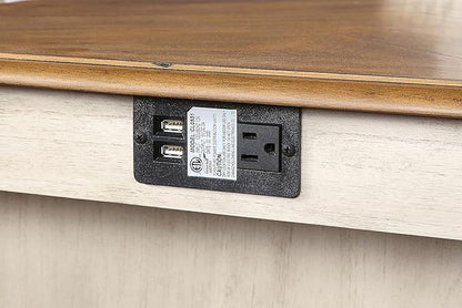 New Classic Furniture Amy Farmhouse Kitchen Counter Island Dining Table for 4 with Storage Shelf & USB Chargers, 60-Inch, Two Tone Vintage White/Brown