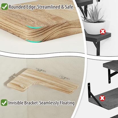 SAUMONIERES Corner Floating Shelves 24 Inch Wall Mount Shelf Solid Wood for Bedroom Bathroom Kitchen Storage Set of 2, Rustic Torched