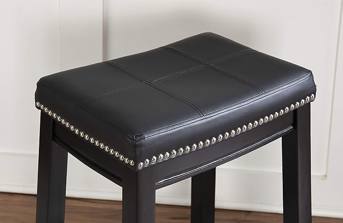 Linon Kingston Black Wooden Backless 26.5 Inch Seat Height Counter Stool with Black Faux Leather Upholstered Seat and Nailheads, Set of 2