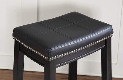 Linon Kingston Black Wooden Backless 26.5 Inch Seat Height Counter Stool with Black Faux Leather Upholstered Seat and Nailheads, Set of 2