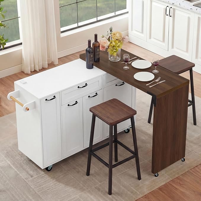 Kitchen Island with Extendable Dining Table, Rolling Kitchen Cart with Drawers and Trash Storage Cabinet, Island Mobile Dining Table on Wheels with 3-Tier Pull-Out Spice Rack for Small Space White