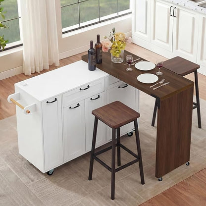 Kitchen Island with Extendable Dining Table, Rolling Kitchen Cart with Drawers and Trash Storage Cabinet, Island Mobile Dining Table on Wheels with 3-Tier Pull-Out Spice Rack for Small Space White