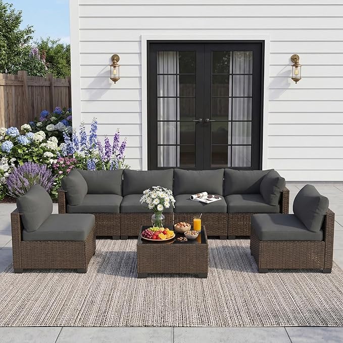 Patio Furniture Set, 7-Piece Outdoor Sectional Couch with Coffee Table & Thick Cushions, Outdoor Wicker Conversation Set for Backyard, Poolside, Garden (Brown-Grey, 7 Piece-Single)