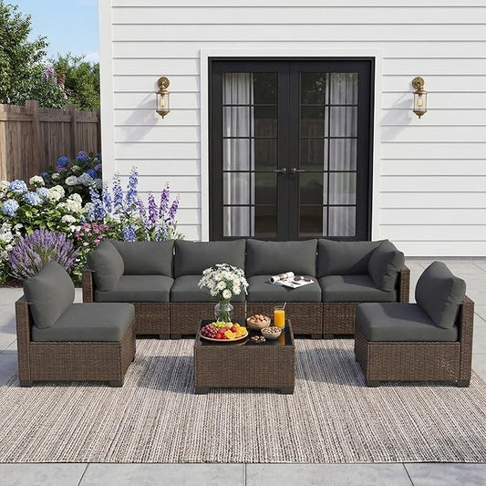 Patio Furniture Set, 7-Piece Outdoor Sectional Couch with Coffee Table & Thick Cushions, Outdoor Wicker Conversation Set for Backyard, Poolside, Garden (Brown-Grey, 7 Piece-Single)