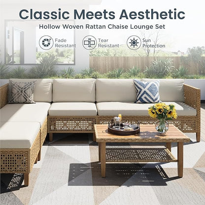 PHI VILLA Wicker Patio Furniture Set, Outdoor Sectional Couch with Cushions and Acacia Wood Coffee Table, U-Shaped Patio Conversation Set for Deck or Porch, 6 Seats, Beige