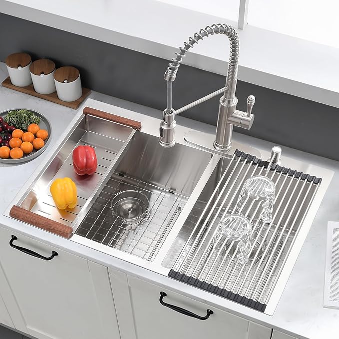 33x22 Inch Double Bowl Kitchen Sink Drop In - 16 Gauge Stainless Steel Top Mount Drop In Sink, 60/40 Split, Durable for Home Kitchen