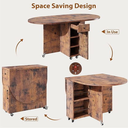 Jocoevol Round Folding Dining Table for 6, Space Saving Drop Leaf Kitchen Table with Storage Drawer, 6 Wheels Oval Gateleg Foldable Dining Table for Small Spaces (Vintage, 51" x 31.5" x 30")