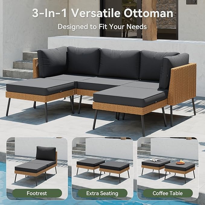 Aoxun 8 Piece Patio Furniture Set, 8 Seats Outdoor Sectional Sofas with Thick Cushion, Wicker Outdoor Patio Furniture Set with Ottomans for Party, Garden, Backyard, Black