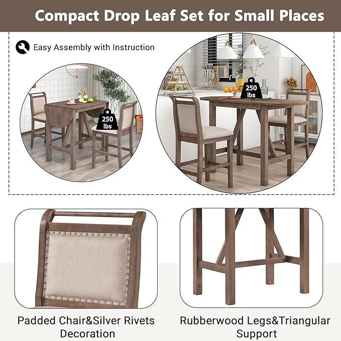 RUNNA Farmhouse 3-Piece Counter Height Dining Table Set with 2 Upholstered Chairs and Extendable Drop Leaf,Wood Kitchen Table for Small Place Use (Brown#A)