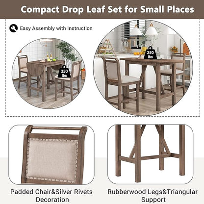 Farmhouse 3 Piece Counter Height Dining Table Set with Drop Leaf Round and 2 Upholstered Dining Chairs, Heavy Solid Wood Kitchen Dining Table Set for Small Place (Brown/Drop Leaf*A)