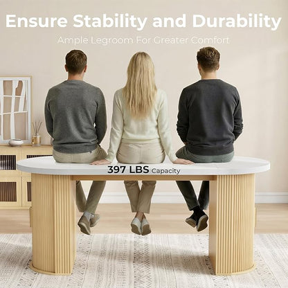 IRONCK 71" Oval Dining Table for 4-6 with Hidden Storage, Modern Farmhouse Kitchen Table with Fluted Semi-Cylindrical Legs, Faux Quartz Top for Dining Room, Kitchen, Living Room & Home Office (Oak)