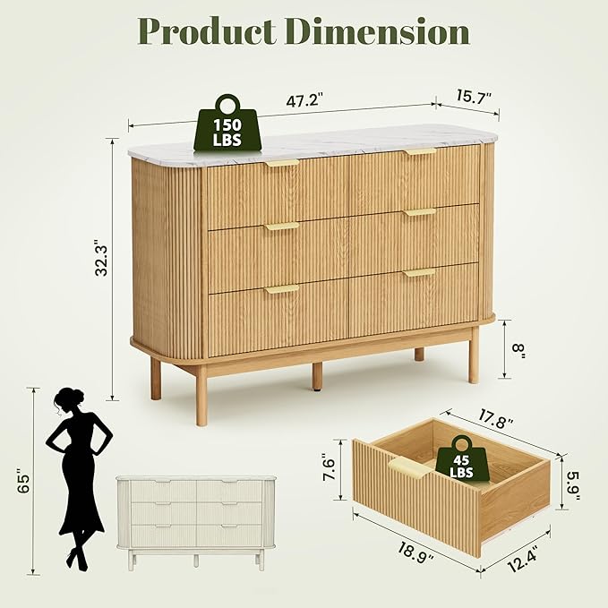 Pamapic Fluted Sideboard Buffet Cabinet, 47" Storage Cabinet with Curved Profile Design & Faux Marble Top, Modern Credenza with 6 Drawers, Wood Buffet Console Table for Living Room, Hallway, Natural