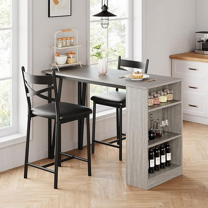 3-Piece Bar Table and Chairs Set, Extendable Kitchen Island with Storage Shelves, Counter Height Dining Table for Small Spaces, 2 Cushioned Bar Stools Included, Gray