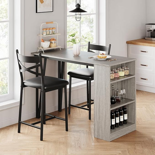 3-Piece Bar Table and Chairs Set, Extendable Kitchen Island with Storage Shelves, Counter Height Dining Table for Small Spaces, 2 Cushioned Bar Stools Included, Gray