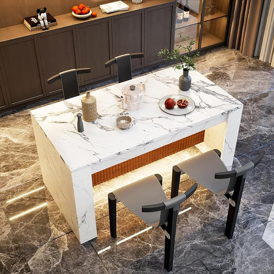63" Modern Imitation Marble Stripes Kitchen Dining Table, Island Table with Grille Design and LED Lights for 4-6 People, Large Imitation Marble Dining Table for Home Kitchen Living Room.