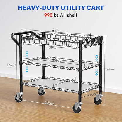 YNN Black Utility Rolling Cart,990Lbs 3 Tier Heavy Duty Metal Cart with Wheels & Handle NSF Wheeled Cart 31" D x 18" W x 33" H for Bedroom, Bathroom, Kitchen,Garden,Decor,Serving