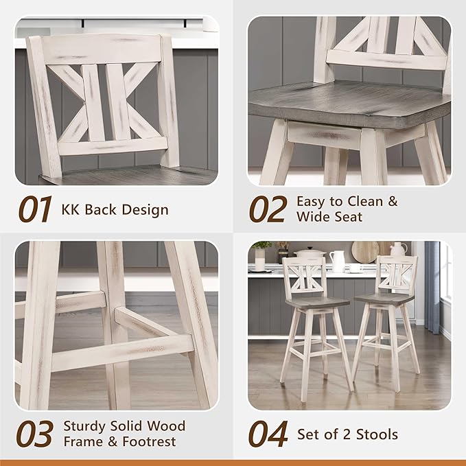 Lexicon Bar Height Bar Stools Set of 2-Solid Wood Frame 360° Swivel Wooden Stools, Foot Rest, KK Back, Wide Seat, Distressed Farmhouse Easy to Clean Finish, 28.5" SH, Antique White/Grey